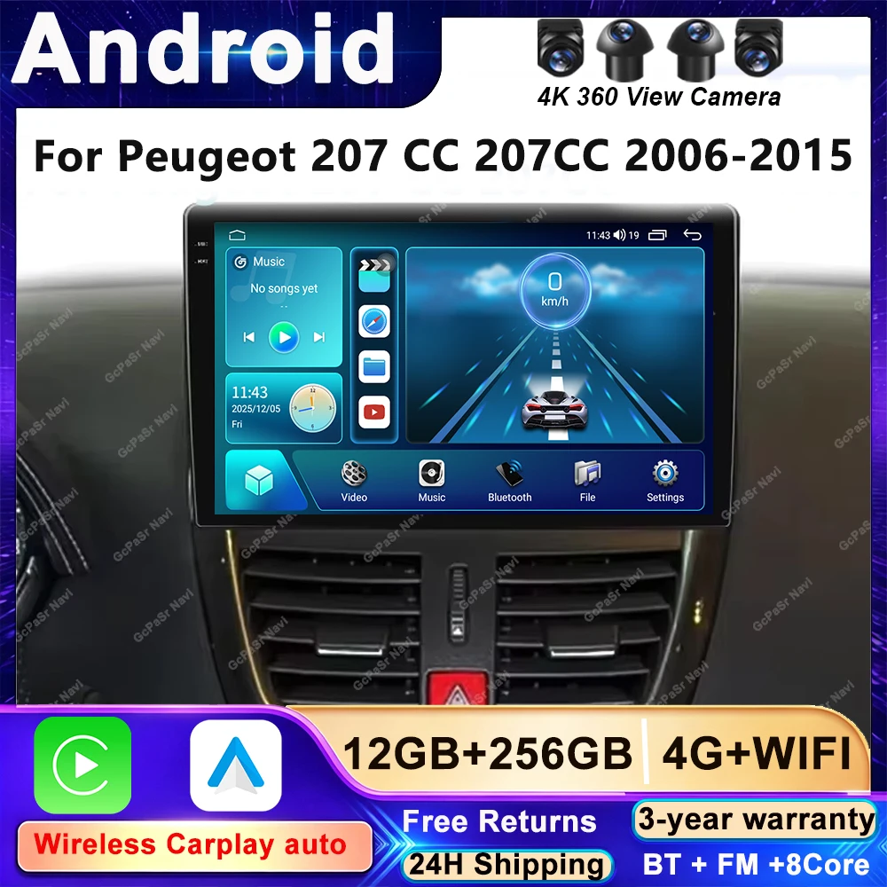 Android 16 Car Radio For Peugeot 207 CC 207CC 2006-2015 QLED Auto radio Carplay GPS 5G WIFI Multimedia BT Wireless  Head Unit