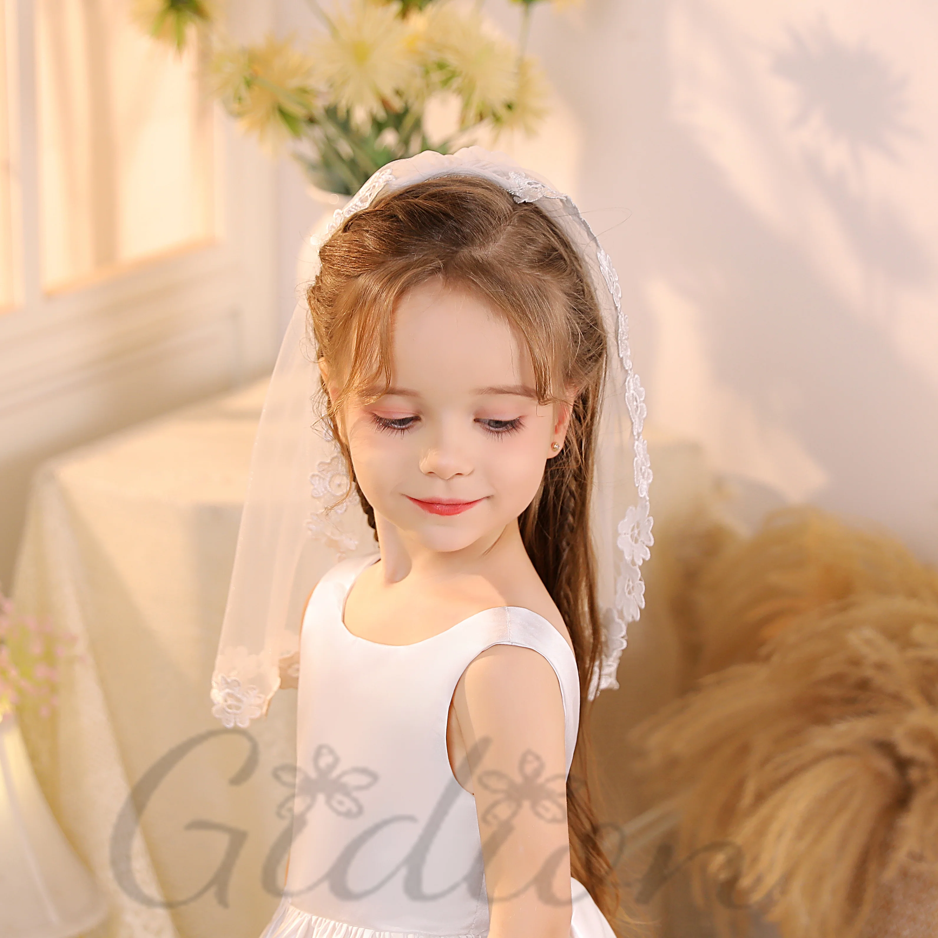 Véu nupcial de casamento com pente, Gidion Applique, Tulle de uma camada, Cerimônia de casamento, Flower Girl fotografia, dama de honra júnior