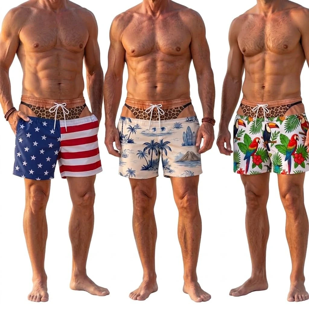 Mens Funny Fake Underwear Swim Trunks 3D Leopard Thong Illusion Board Shorts Novelty Beachwear Birthday Gag Gift for Him**