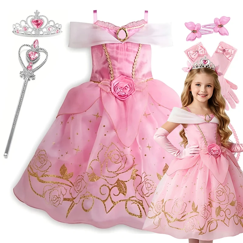 Girls Spaghetti Strap Aurora Cosplay Gown Set Sleeping Beauty Costume for Birthday Halloween Carnival Party