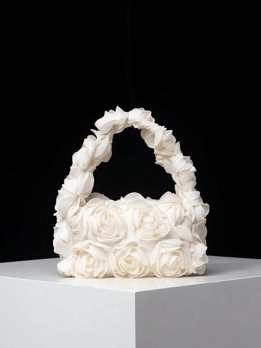 

Elegant 3D Rose Flower Tote Bag For Women, Wedding Evening Party Handbag