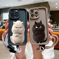 Cute Cool Black Cat Soft Lanyard Rope Phone Case For Xiaomi Redmi Note 14 13 12 Pro Plus 5G 13 12S 11S 11 10S Redmi 12 14C Cover