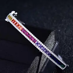 WPB  Rainbow Zircon Bangle Luxury Women Bright Colored Square Diamond Bangles Female Platinum Plating Fine Jewelry Girl Gift