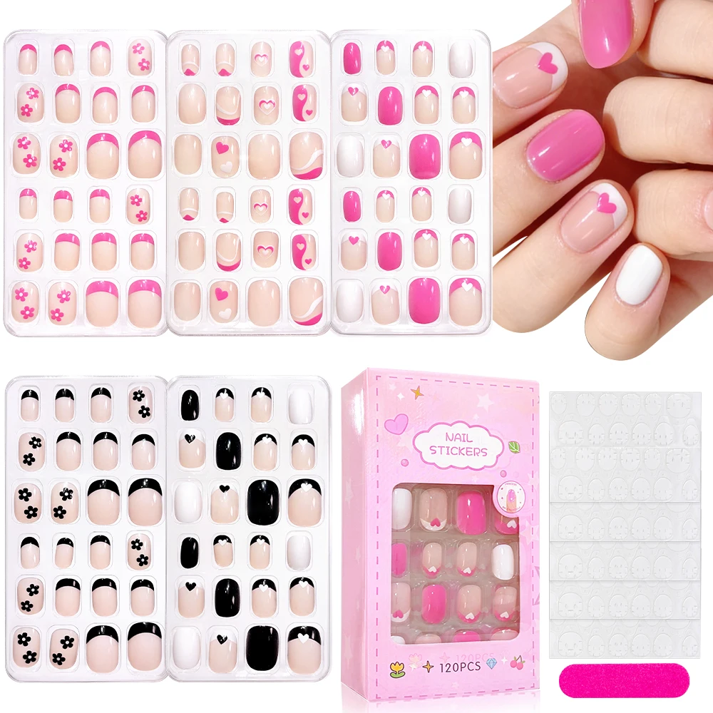 120Pcs Kids Short Oval Press on nails Cute Flower Heart Love Design Fake Nails Full Cover Simple Children False Nails Patches#*-