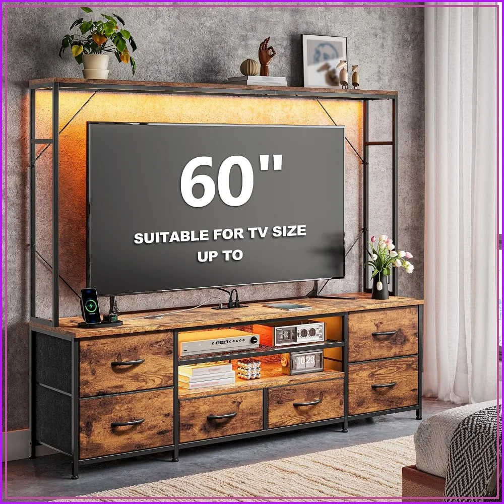 Entertainment Center with LED Lights, Power Strip, Wood Display Shelf