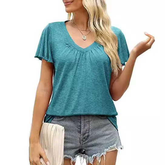 YJKDYK 2024 New Women's T-shirt Leisure Pleated V-neck T-shirt With Ruffled Edge Sleeves Top Women Pure Color Casual Tops