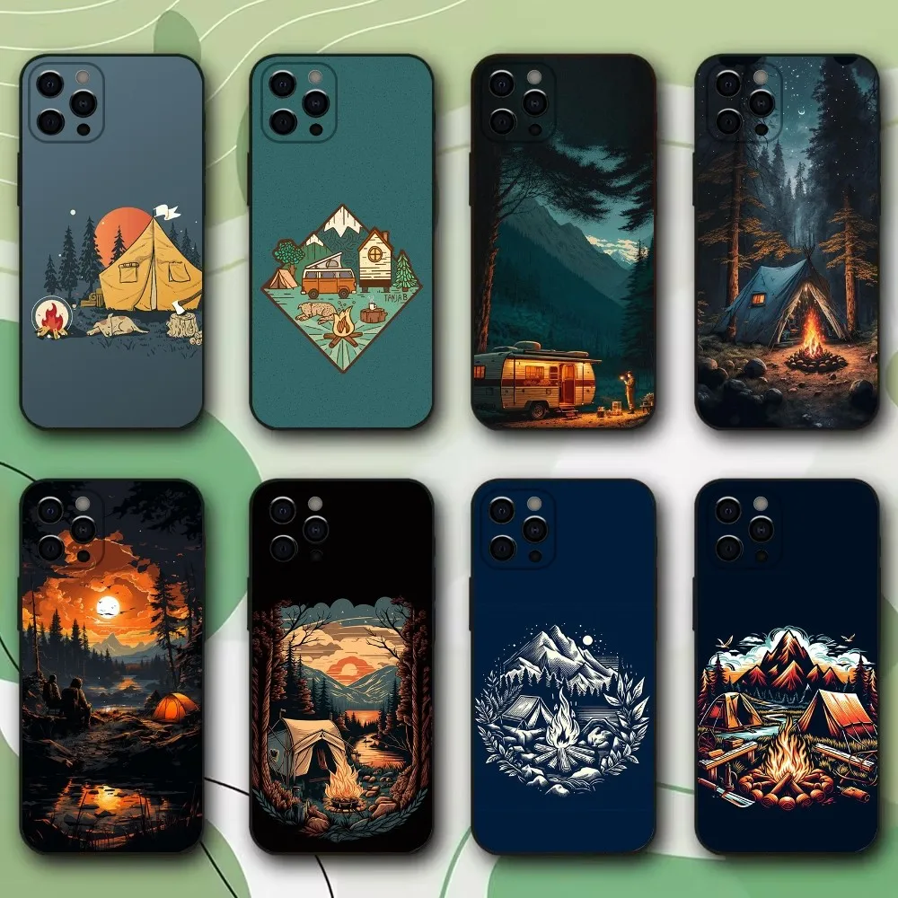 Cartoon Natur Outdoor Camping Handyhülle für iPhone 16 15 14 13 12 11 Pro Max Mini X XS SE 7 Plus 16E stoßfeste Silikonhülle