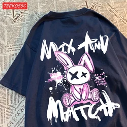 Personality Cartoon  Whiter Rabbit Cute Male T Shirt Graphic Cotton T Shirts Loose T-Shirt Fashion Shoulder Drop Short Sleeved ﻿