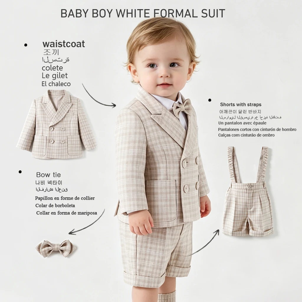Toddler Gentleman Plaid Suit Set Boys Formal Blazer Waistcoat Suspender Shorts BowTie Wedding Birthday Baptism Party Dress Outft