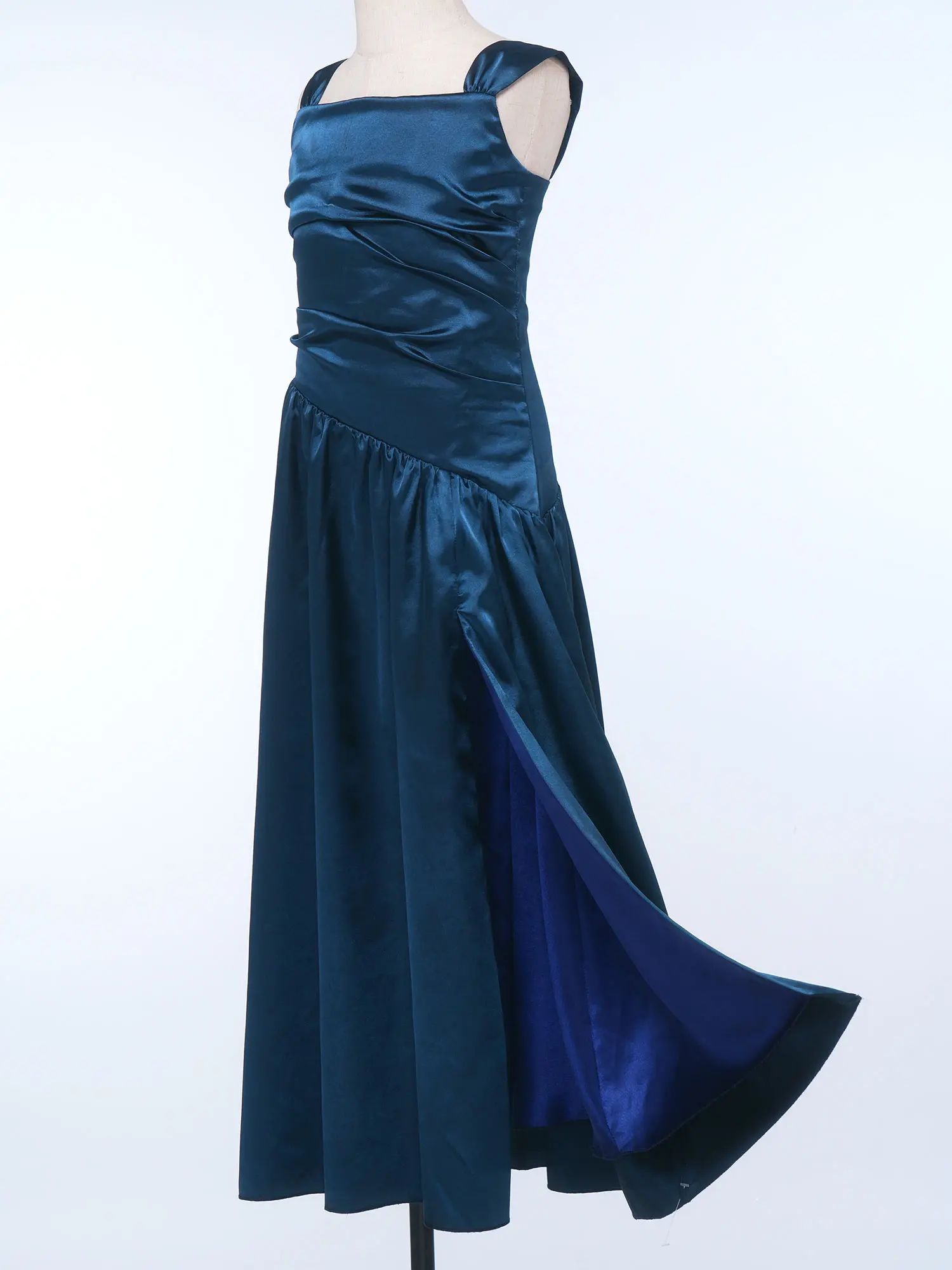 Girls Bridesmaid Dresses Kids Wedding Satiny Party Gown Sleeveless Ruched Bodice Asymmetrical Side Split Princess A-line Dress