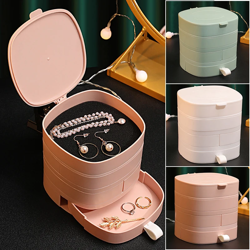 

Jewelry Storage Box Multilayer Rotating Plastic Jewelry Stand Earrings Ring Box Cosmetics Beauty Container Organizer with Lid