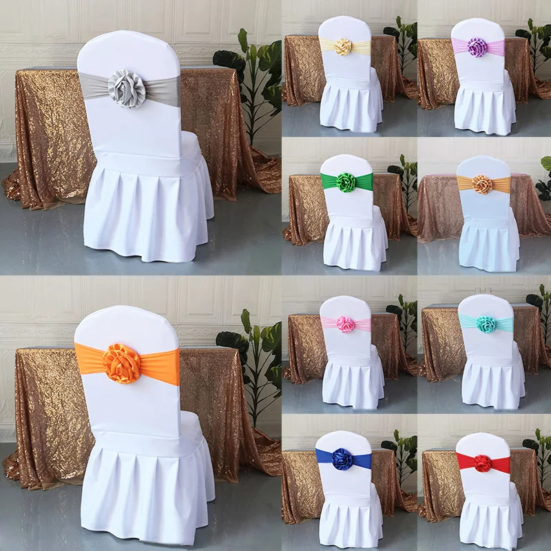 Solid Color Satin Chair Back Flower Grace Minimalist Wedding Chair Decorated Bow Flower Hotel Props Banquet Chair Elastic Strap