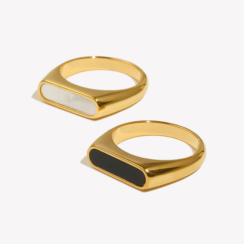 E.B.belle Basic Natural Shell White Black Stripe Gold Ring Fine Polished 18K Gold Plated Stainless Steel Rings For Female
