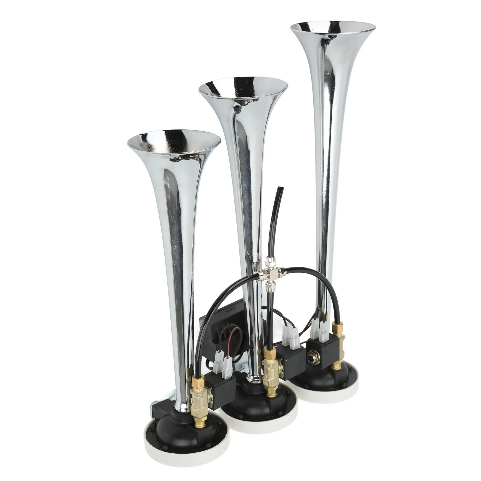 3 Trumpet Air Horn 6 Tunes Chrome Plated 305/342/385x79mm DC12V/24V for Club Cars Trucks Yachts