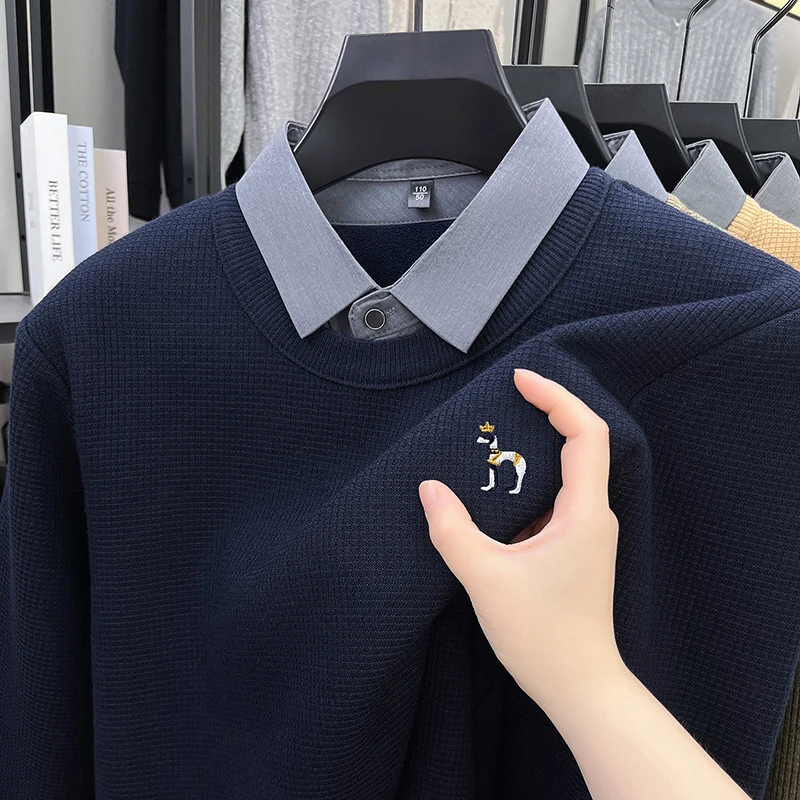 Men's New Knitwear Sweater Pile Knit Turn-Down Collar Embroidery Long Sleeve Pullover Autumn Winter Fashion Warmth Men Clothing