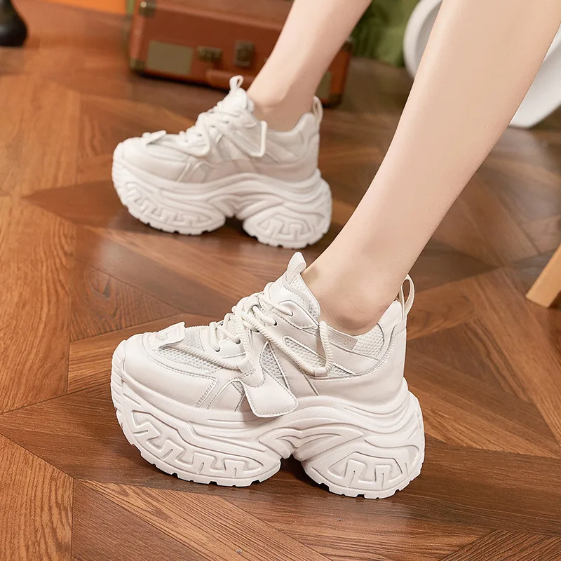 Inner Heightening Shoes for Women's Summer New Thick-soled Women's Shoes Hollow Mesh Color-brushed Retro Distressed Casual Shoes