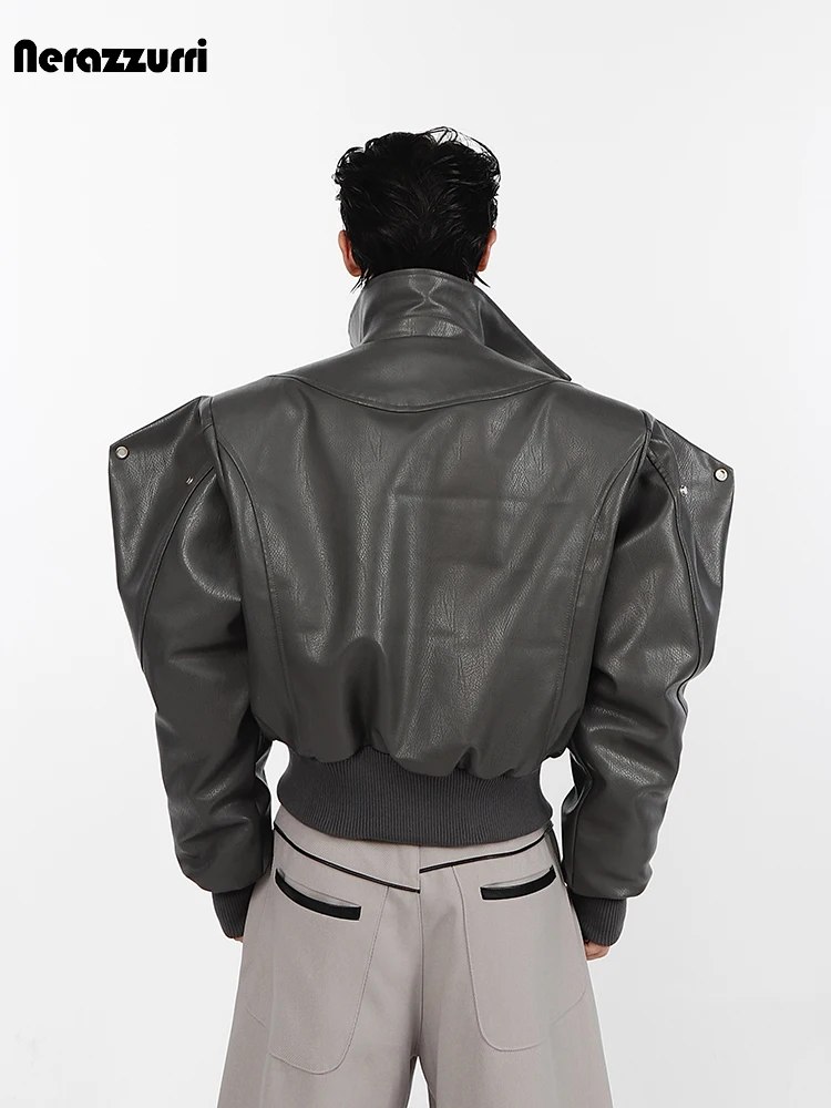 Nerazzurri Spring Autumn Cool Short Oversized Black Soft Pu Leather Jacket Men with Shoulder Pads Luxury Designer Coat 2023