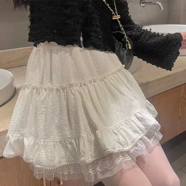 Biała koronkowa mini spódniczka dla kobiet Dziewczyna Kawaii Krótka spódniczka na lato Fairycore Odzież koreańska Moda Lolita Fairy Core