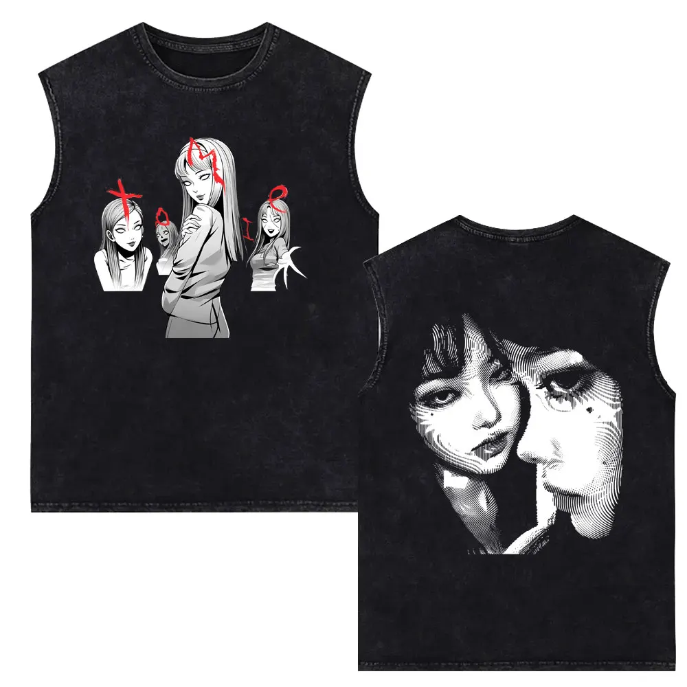 Anime Tomie Junji Ito Vintage Washed Tank Tops Men Women Manga Horror Gothic Sleeveless Vest T-shirt Man Casual 100% Cotton Tees