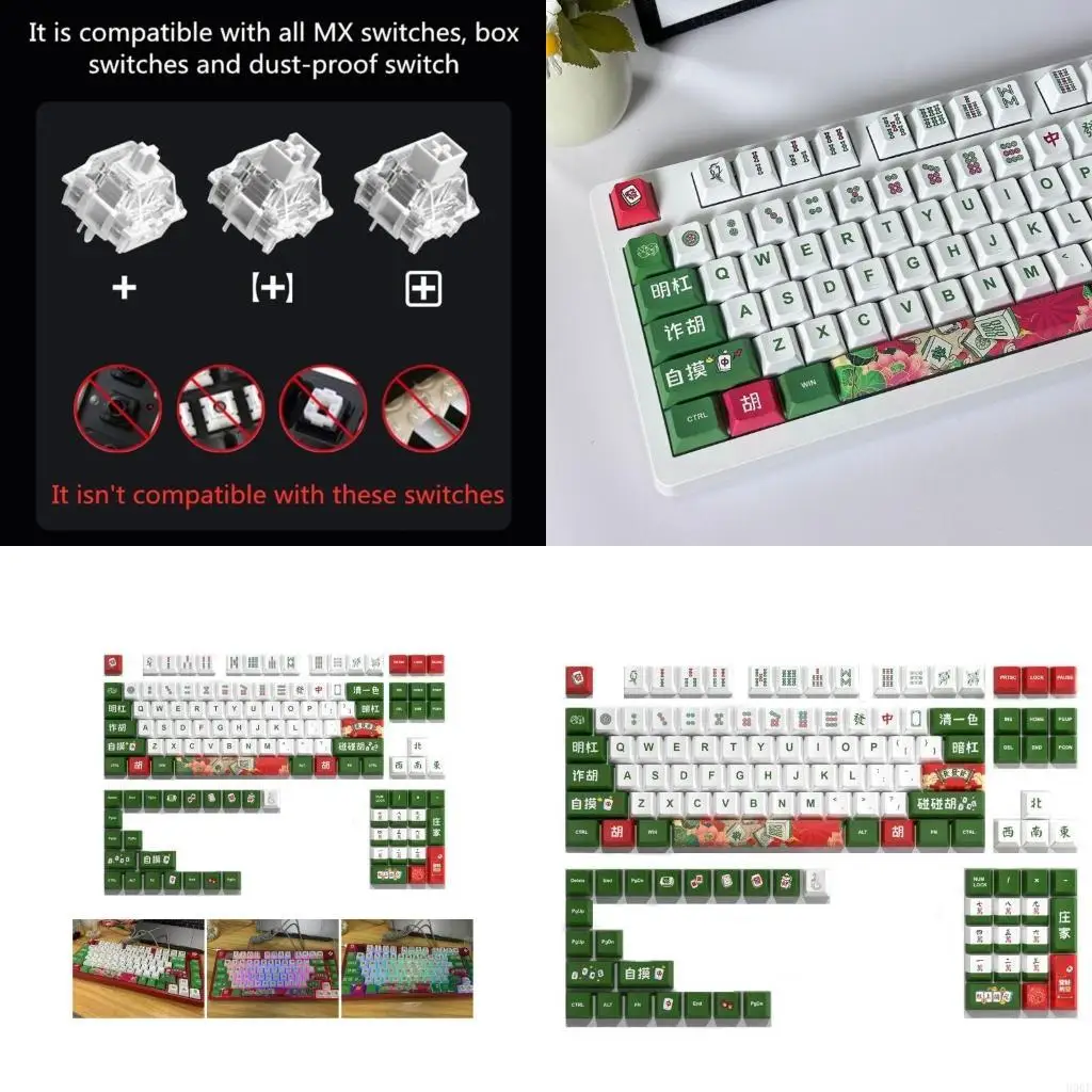 Set Keycap Kunci 900F PBT 125 dengan Tema Mahjong Tiongkok untuk Berbagai Keyboard Mekanis Set Keycap Persegi Warna-warni