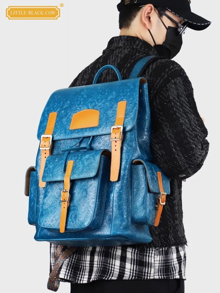 

Vintage Mens Floral Wing Tip Cowhide Genuine Leather Backpack Handmade Large Capacity Travel Bag Retro Casual Satchel Schoolbag