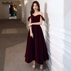 Customized Dark Red Velvet Short Korea Prom Dresses Off The Shoulder Corset Back Ankle Length Formal Party Gowns Evening Dress