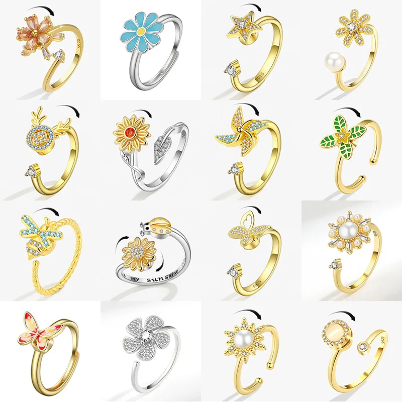 SMJEL Fidget Spinner Ring Anxiety for Women Crystal Flower Bee Butterfly Charms Rotatable Rings Adjustable Wedding Jewelry Girls