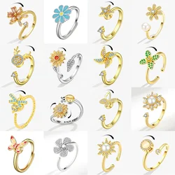 SMJEL Fidget Spinner Ring Anxiety for Women Crystal Flower Bee Butterfly Charms Rotatable Rings Adjustable Wedding Jewelry Girls