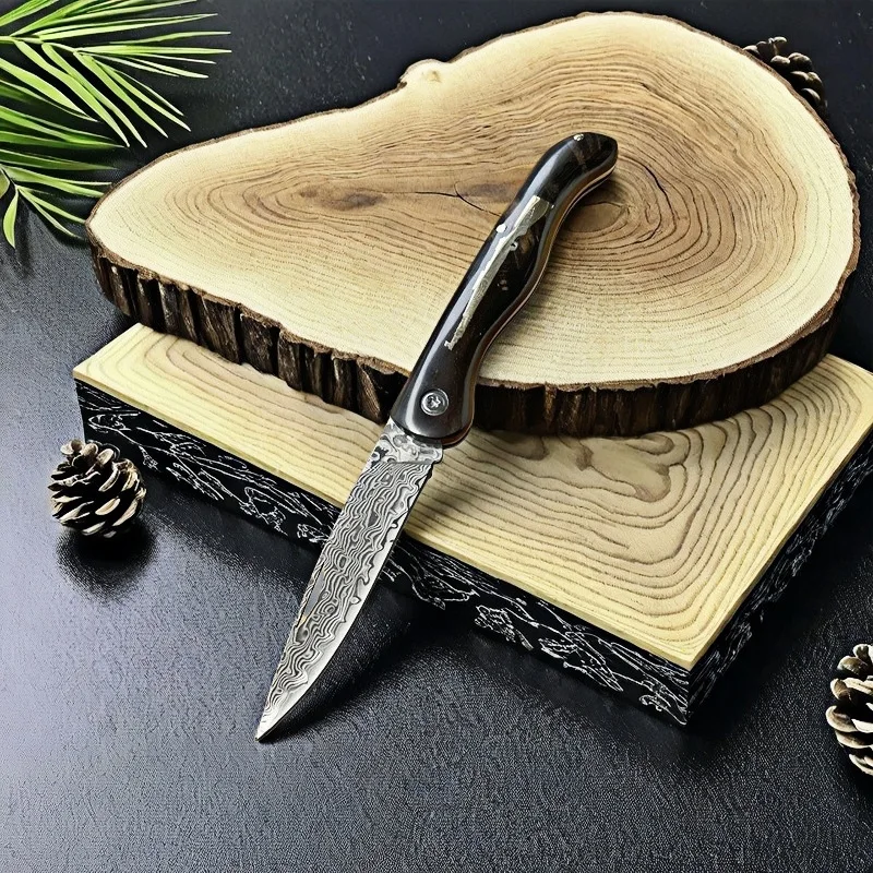 Hand Forged Folding Pocket Knife Pattern Steel Blade Ebony Wood Handle High Hardness Portable Multi‑purpose Fruit Knife EDC