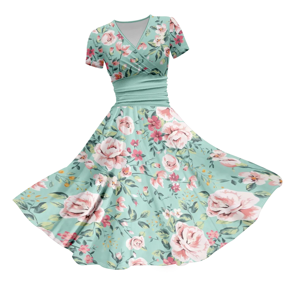 Summer Ladies Light Blue Pink Rose Floral Pattern Elegant Full Print Casual Skirts Short Sleeve V Neck Dresses