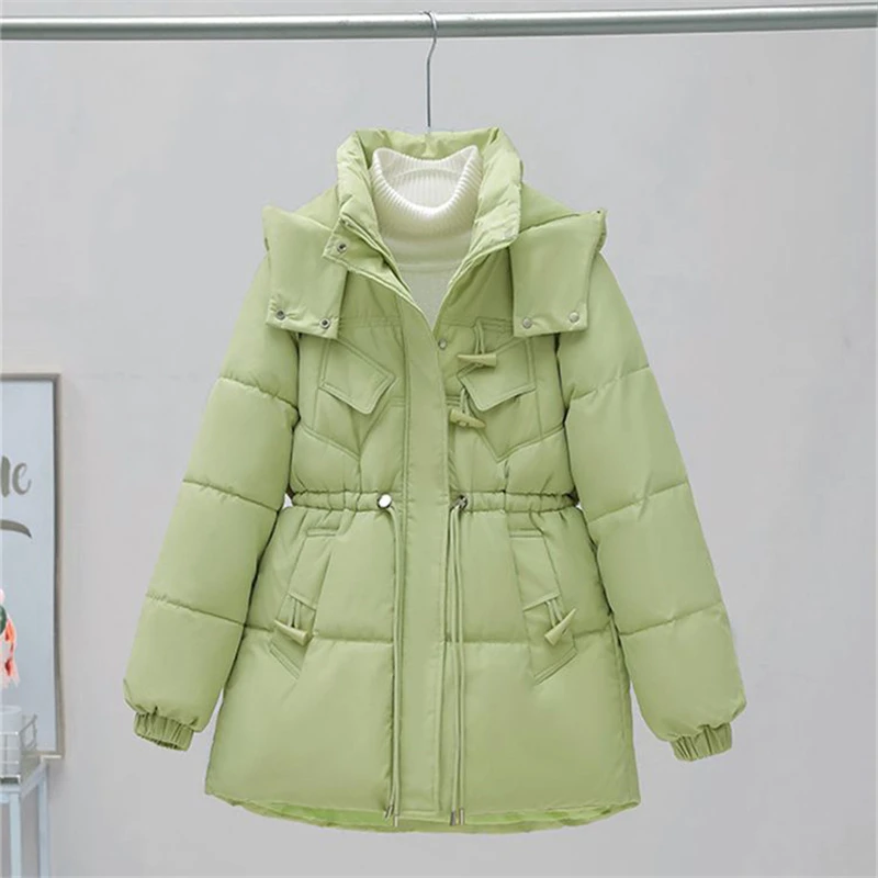 Giacca invernale in cotone medio-lungo donna 2023 nuovo cappotto con cappuccio colletto rialzato capispalla moda allentata addensare Parka soprabito femminile