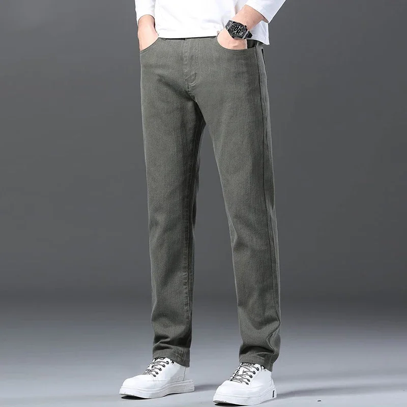 

Мужские модные утолщенные повседневные джинсы на флисовой подкладке, мужские саржевые термобелье, облегающие джинсовые брюки, свободные прямые брюки с защитой от холода