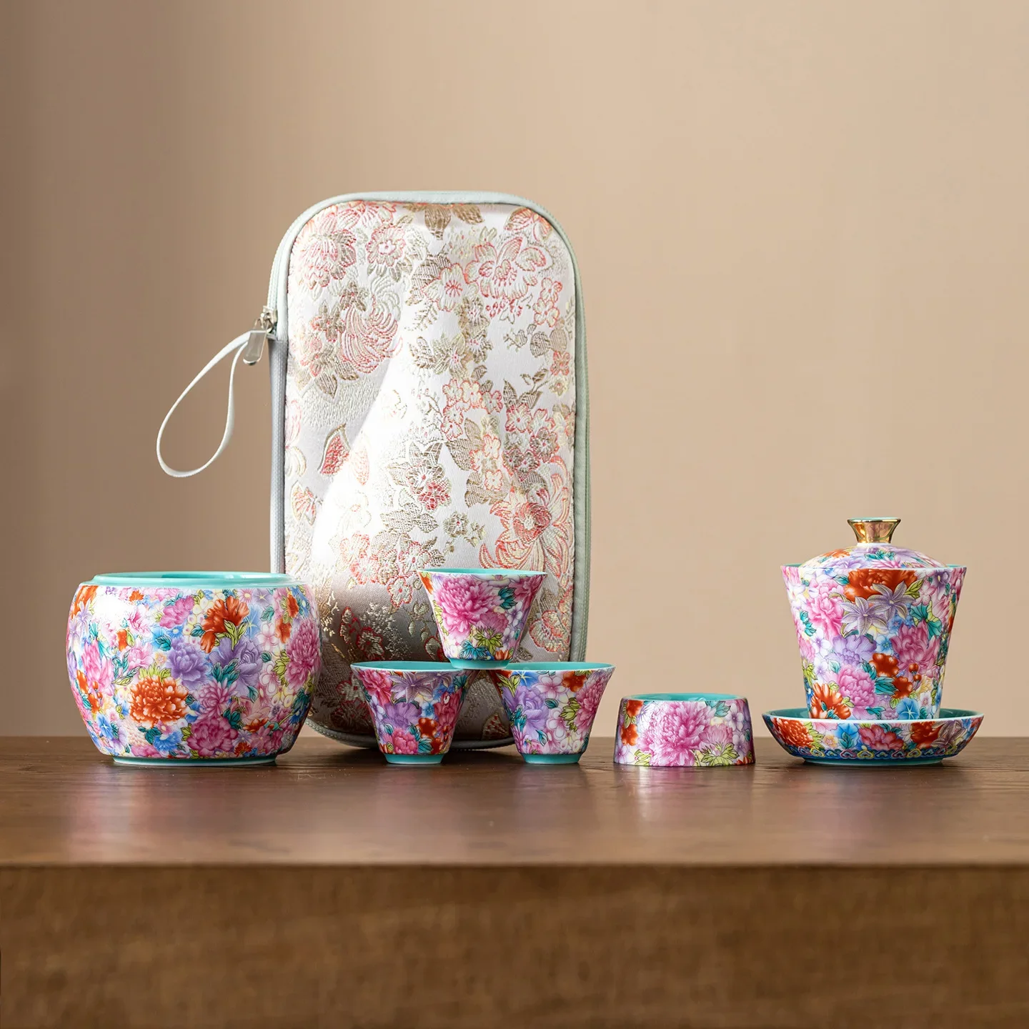 Colorful Luxury Tea Ceremony Flower Designer Enamel Portable Travel Tea Set Outdoor Teaset Teacup Set Creative Vase Ornaments