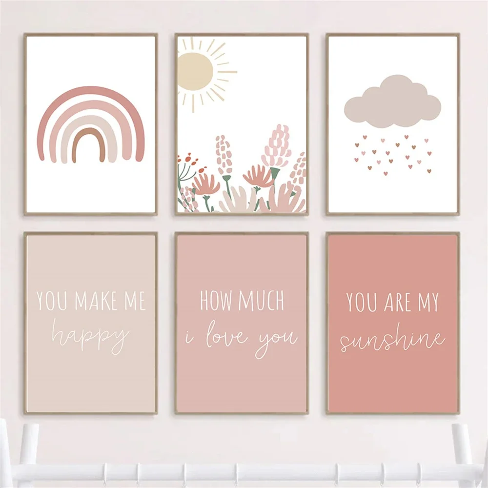 Rainbow Cloud Sunshine Canvas Painting Pink Flower Wall Pictures Nordic Art Prints Nursery Wall Poster Baby Kids Room Decorat