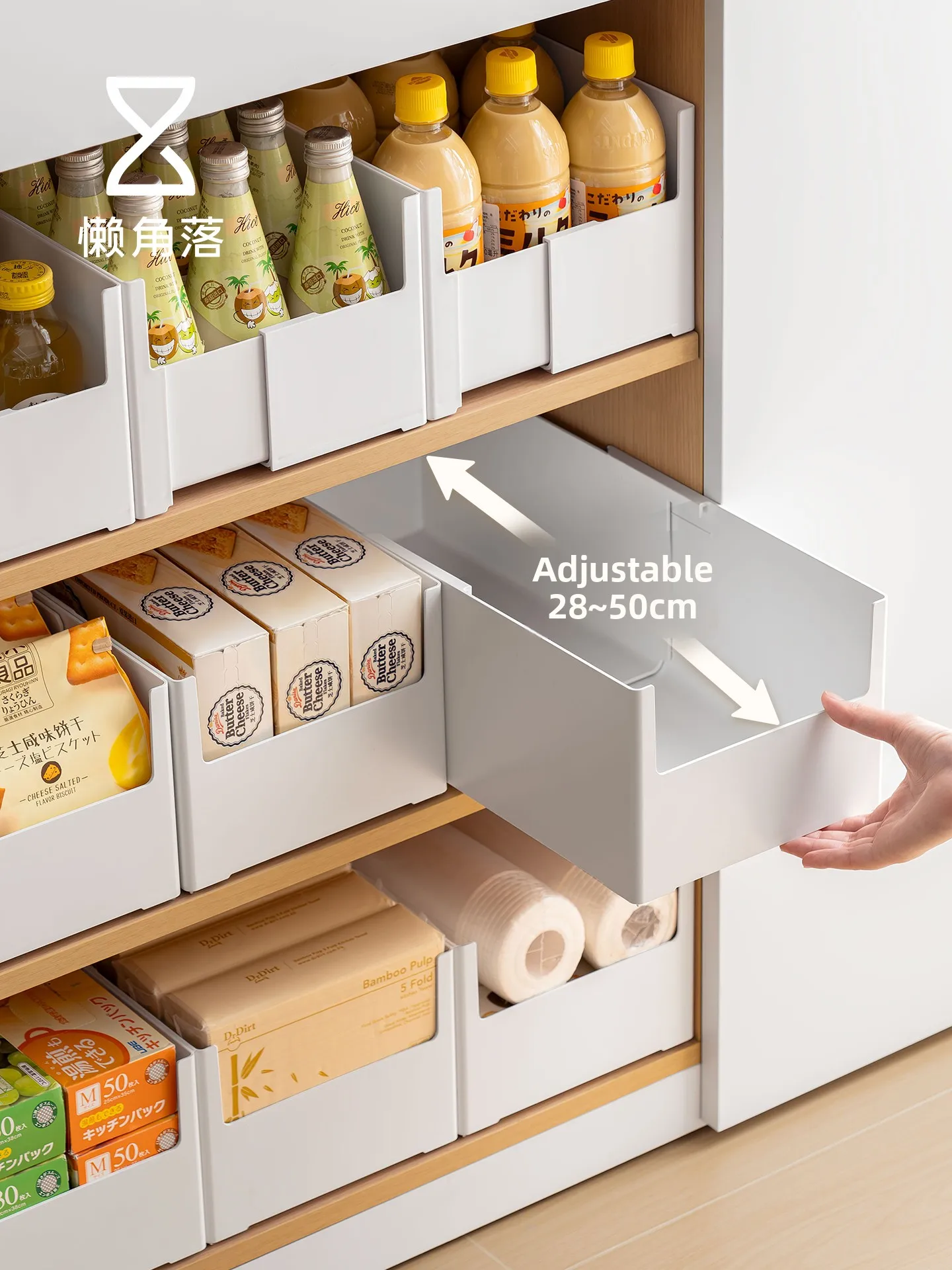 Kitchen Corner Expandable Storage Box Cabinet Snack Drawer Separator Right Angle Deep Storage Built-In Basket Plastic Rectang...