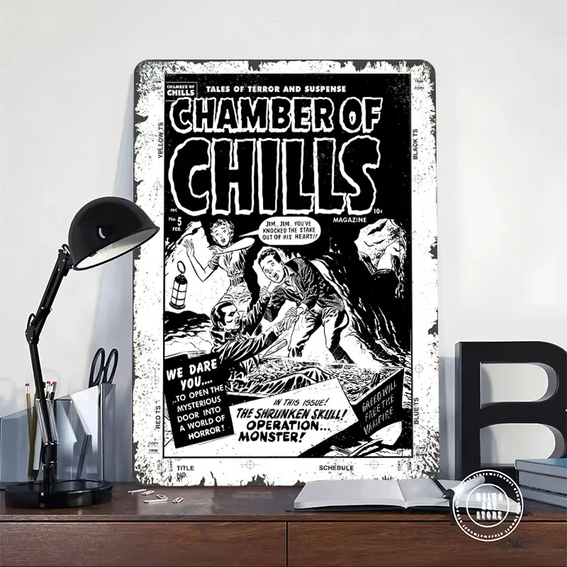 CHAMBER OF CHILLS 5 Poster Customized Wall Art Vintage Metal Signs Retro Tin Plaque for Man Cave Gaming Room Decoration Cozy