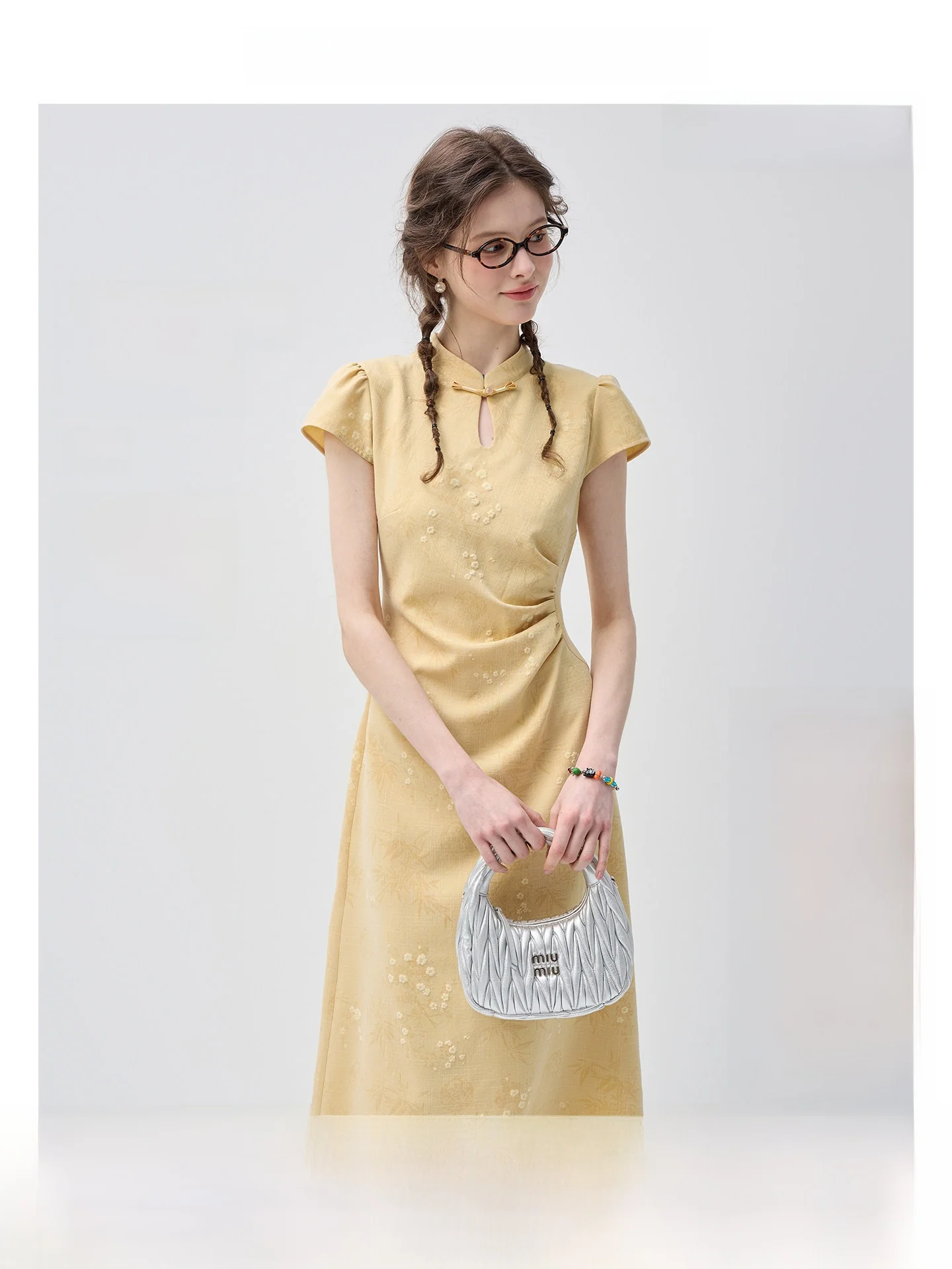 

New Chinese Style Short Sleeve Qipao Dress VEGA CHANG Improved Waist Cinching Yellowish Dress City Commute Suitable