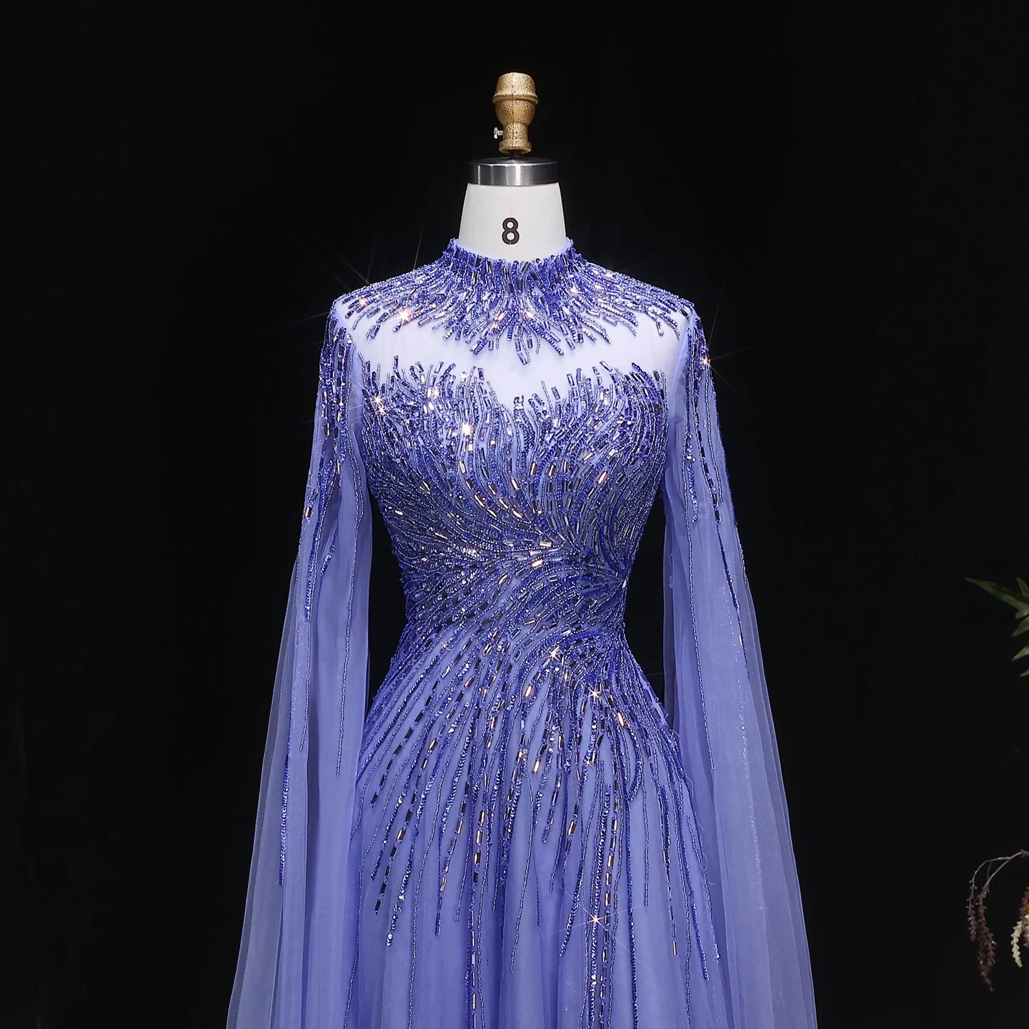 Sharon Said Elegantes Luxuriöses Perlenbesetztes Abendkleid mit Hohem Kragen, Cape-Ärmeln, Tüll-Ballkleid, Partykleid für Damen SS134 Maßanfertigung – Detail 9