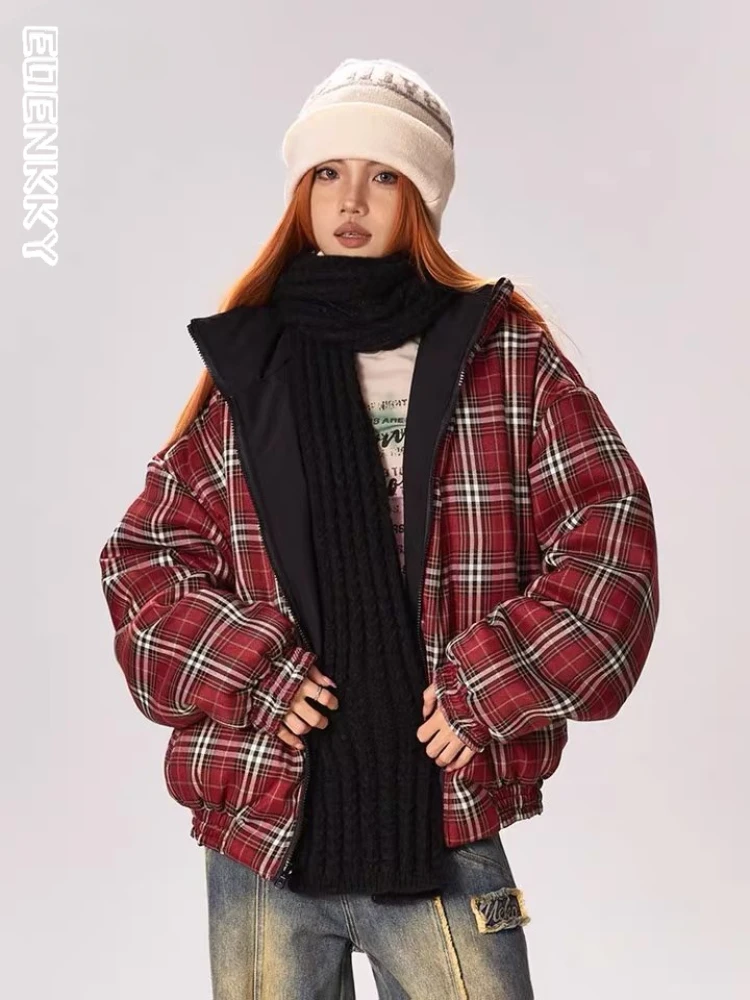 Vintage Plaid Parkas Women Two Sided Cropped Jacket Cotton Padded Coat Female Stand Zipper Loose Casual Autumn Winter Outwear