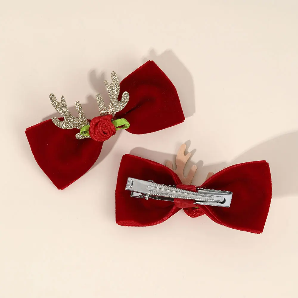 2PCS Glitter Christmas Elk Antlers Hair Clip For Baby Girls Velvet Bow Hairpin Jingle Bells Hairgrip Children New Year Gifts