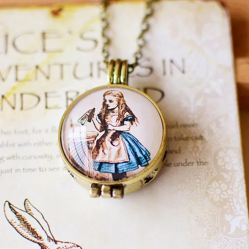 Women Vintage Bronze Color Locket Perfume Necklace Alice In Wonderland Essential Oil Diffuser Necklace For Kids Girls Gifts