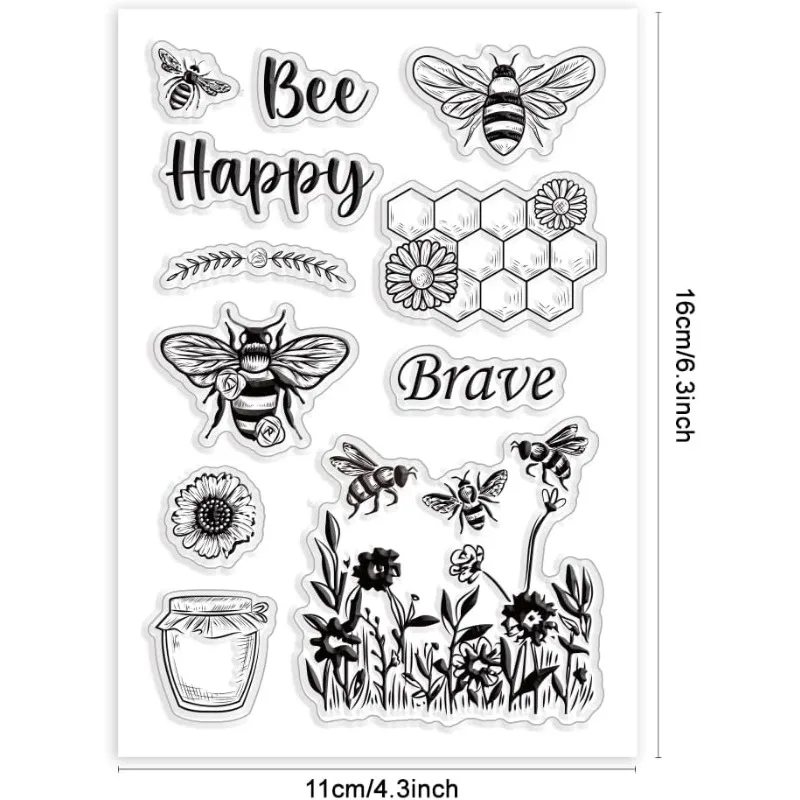 1pc Bee Happy Butterfly Clear Stamp Flower Silicone Stamps Honeycomb Rubber Stamps Honey Jar Clear Stamp for DIY Scrapbooking