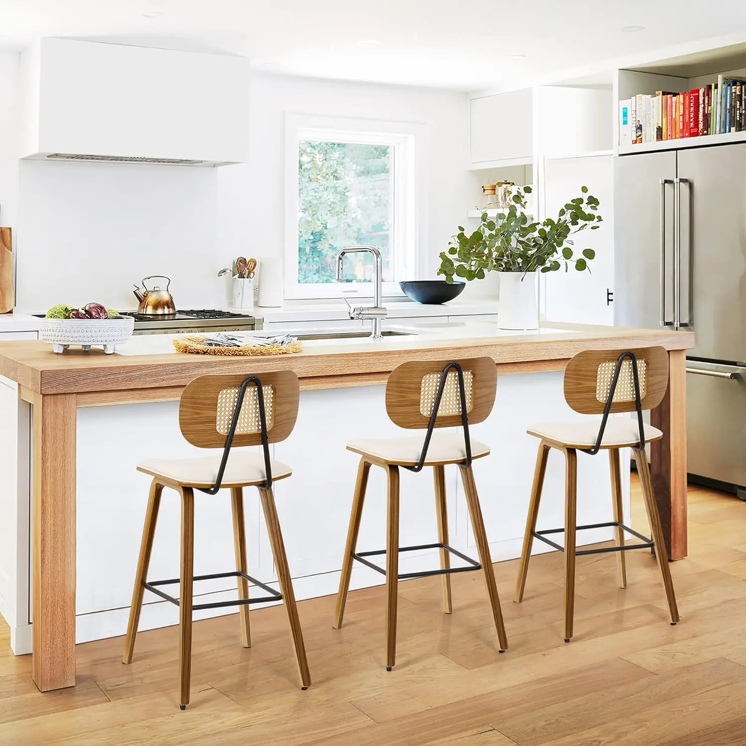 Counter Height Bar Stools Set of 3, Mid Century Modern Counter Stools, 26" Wood Kitchen PU Leather Upholstered , Cream White