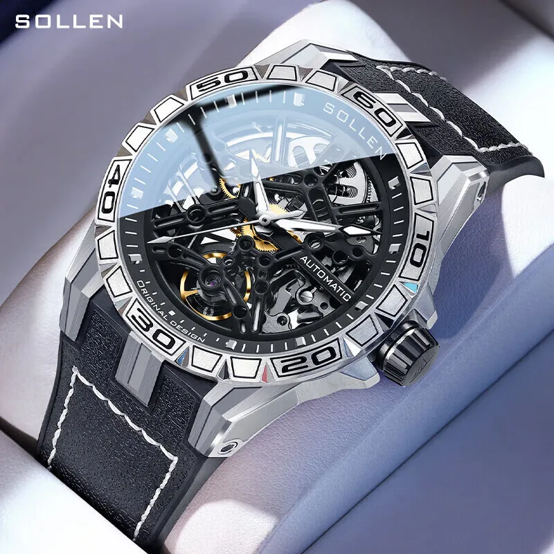 

SOLLEN Brand High-end Men Mechanical Watch Leather Strap 50M Waterproof Luminous Fashion Skeleton Watch Luxury Automatic Watches