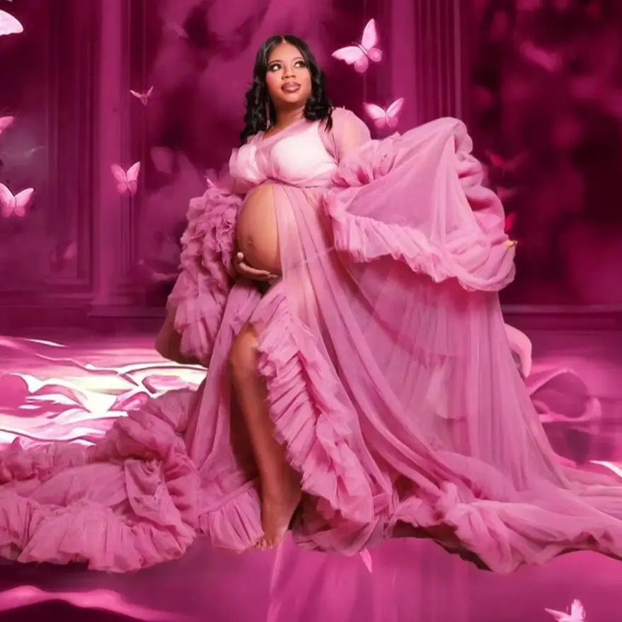 

Романтические розовые платья для беременных, пышные многоярусные оборки, тюлевые платья для беременных, сексуальные халаты для фотосъемки с разрезом спереди, халаты для детского душа