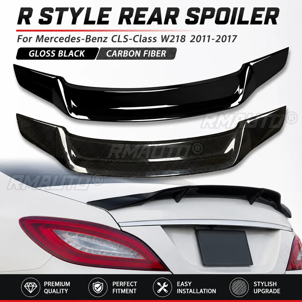 R-Style Heckklappenspoiler in glänzendem Schwarz mit Carbon-Optik für Mercedes-Benz CLS-Klasse W218 2011-2017 Auto-Zubehör