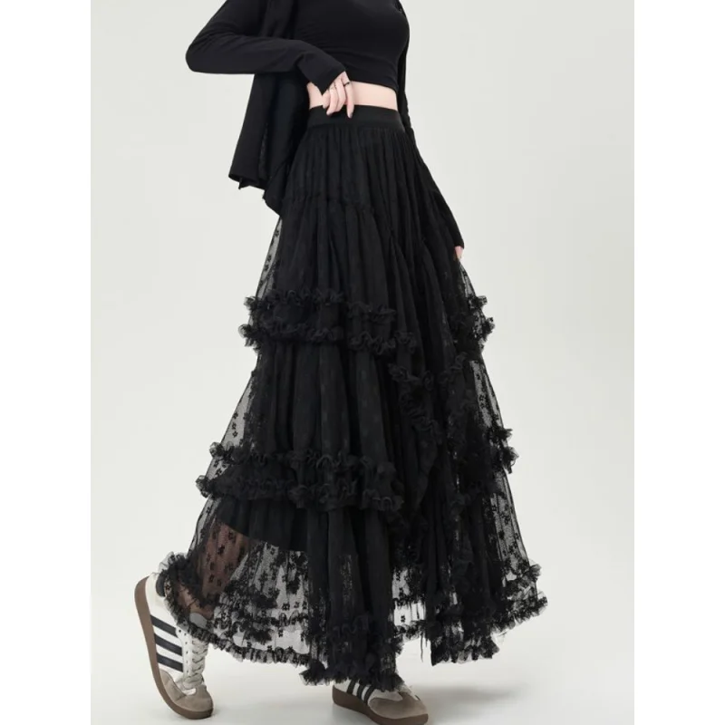 Vintage Gothic Black Skirts Women Fairycore Grunge Lace Patchwork Trumpet Skirt Punk Streetwear Partywear Emo Alt Skirts