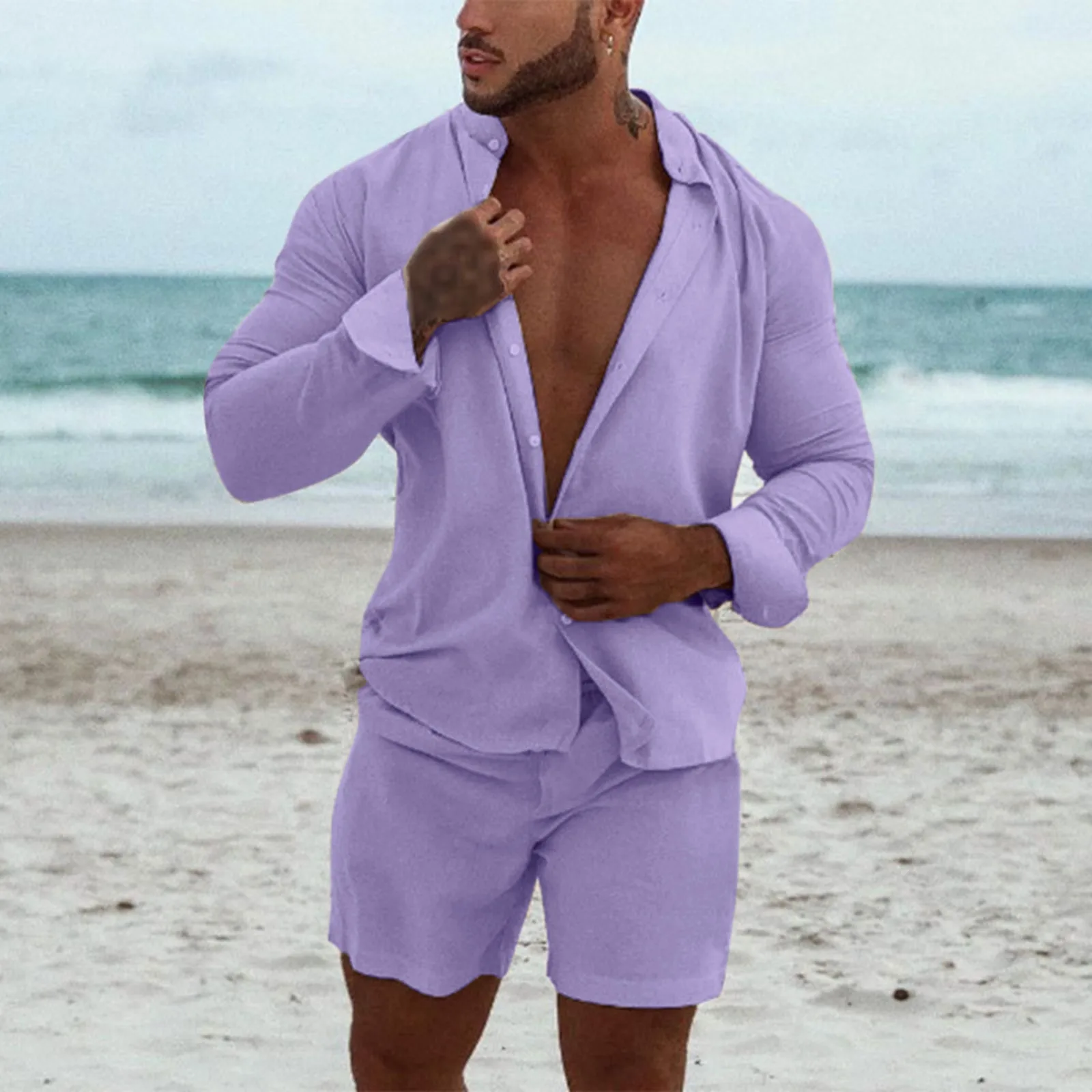 Men\'s Hawaii Cotton Linen Suits Simple and Leisure Long Sleeve Shirts+ Beach Shorts Two Piece Sets Male Solid Color Comfy Outfit