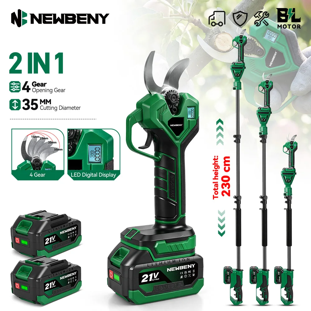 NEWBENY 2 IN 1 Forbici Elettriche Senza Spazzole a 4 Velocità con Asta Telescopica per Potatura di Rami di Alberi da Frutto, Utensili Elettrici per Falegnameria, Compatibili con Batteria Makita 21V
