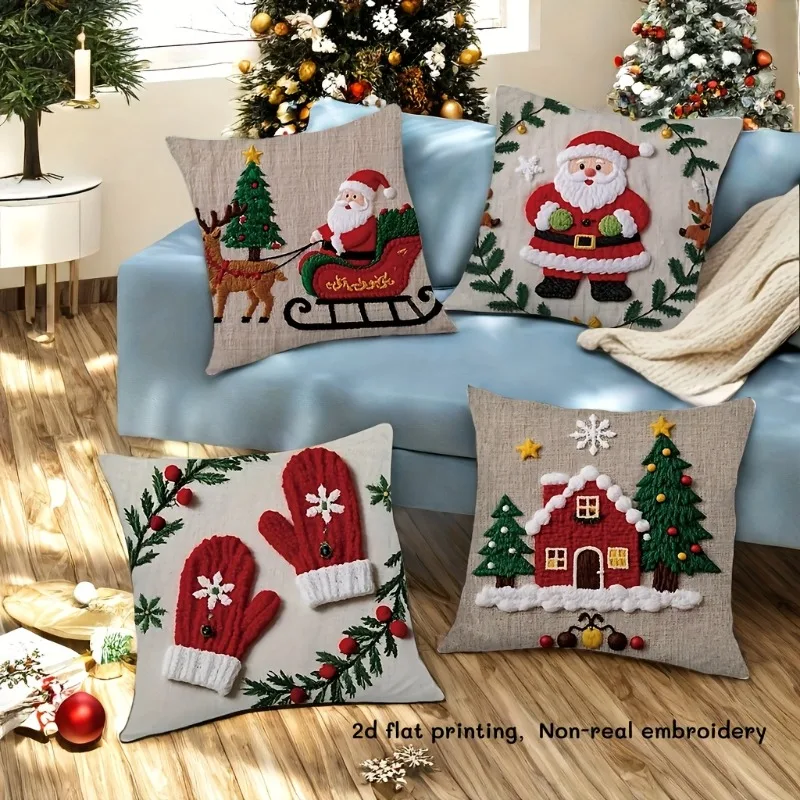Christmas Pizza Pillow Covers Set of 4, Santa Reindeer Snow House Glove 2D Print, Zippered Machine Washable Festive Decor